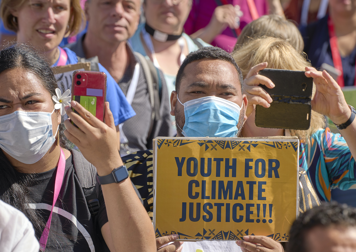 2 September 2022, Karlsruhe, Germany: Activists demand attention to the climate crisis during a protest at the World Council of Churches' 11th Assembly in Karlsruhe, Germany.The Assembly's theme is &quot;Christ's Love Moves the World to Reconciliation and Unity.&quot;Photo: Paul Jeffrey/WCC